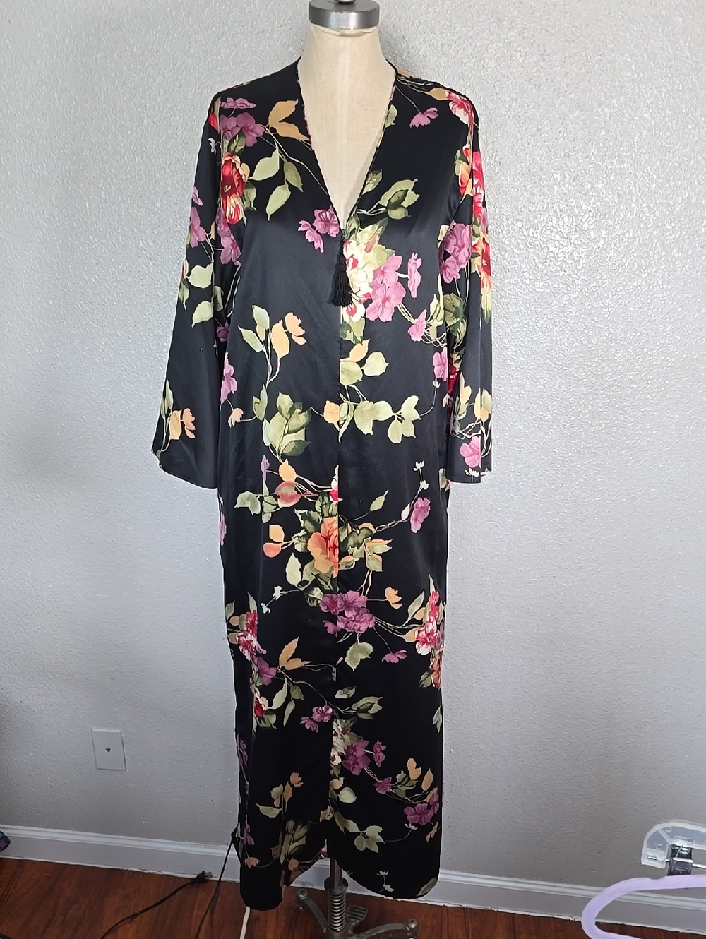 Oscar De La Renta Black Floral Long Kimono-Style Duster